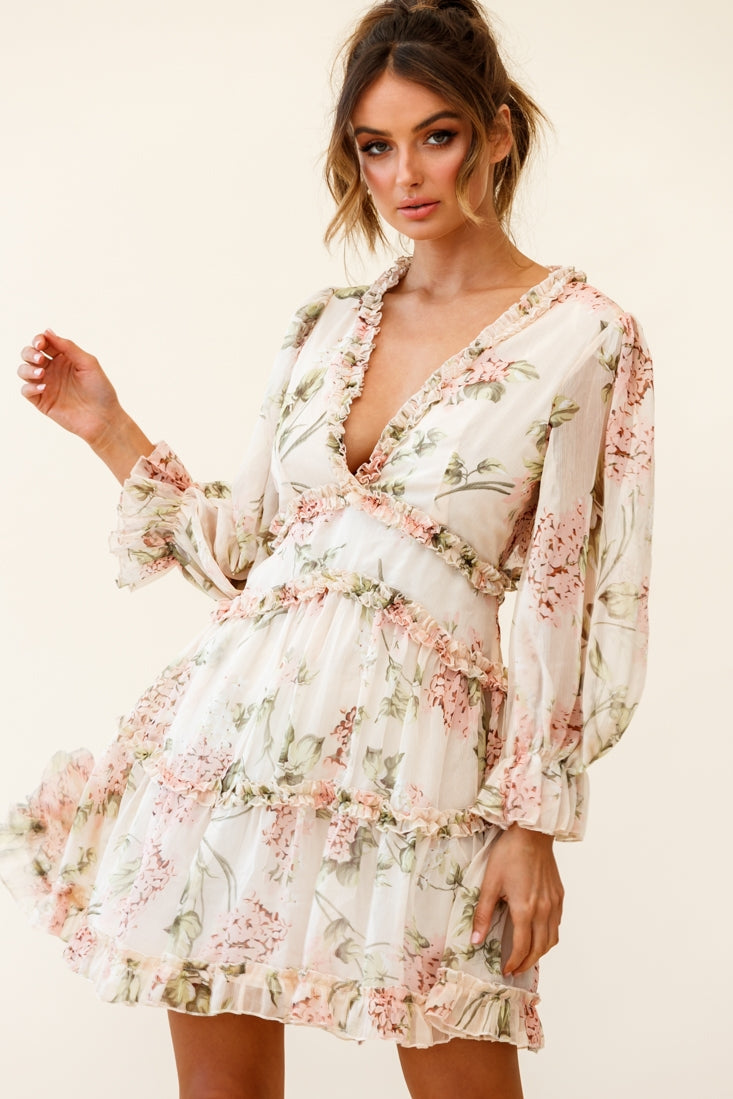 Laney Cutout Back Ruffle Trim Dress Hydrangea Print Nude by Selfie Leslie