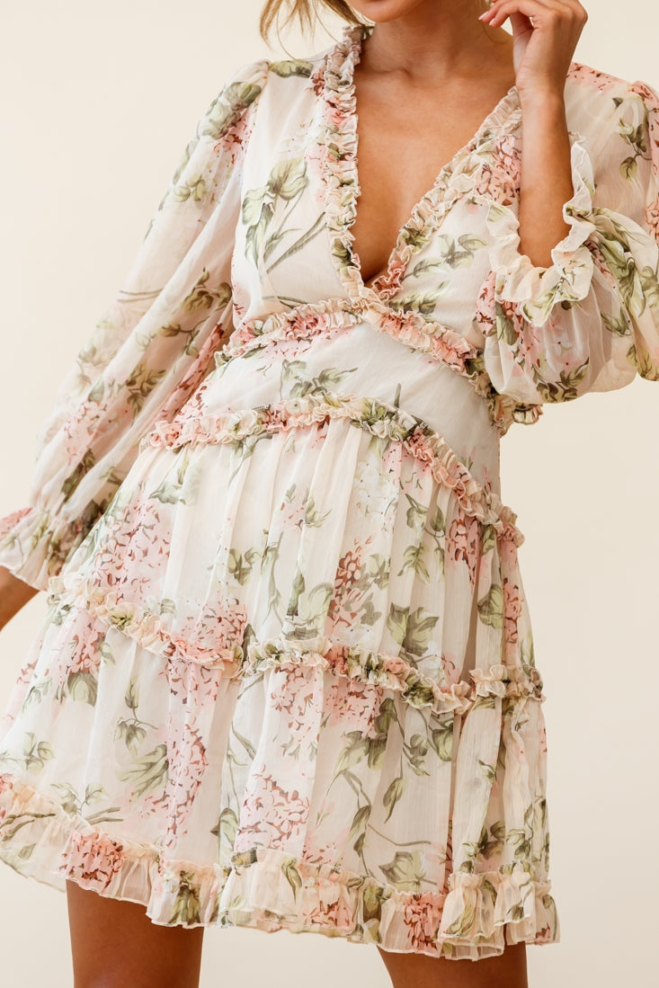 Laney Cutout Back Ruffle Trim Dress Hydrangea Print Nude by Selfie Leslie