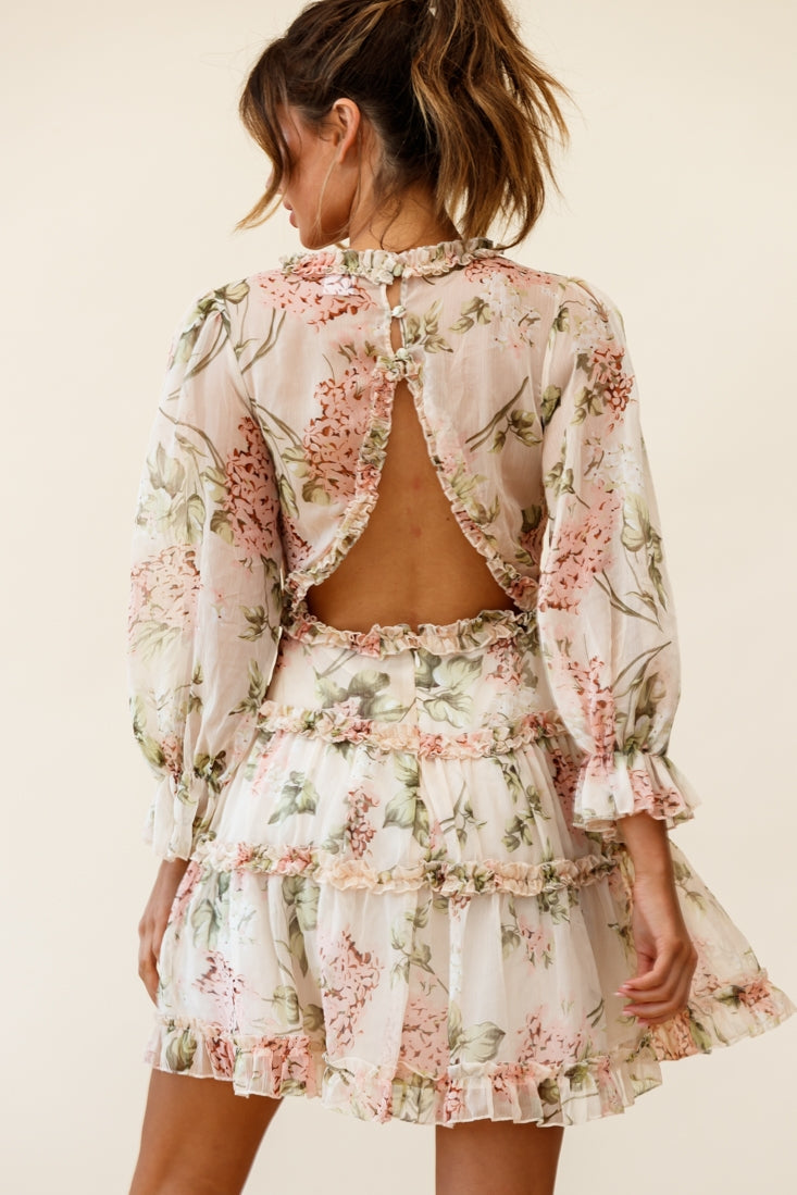 Laney Cutout Back Ruffle Trim Dress Hydrangea Print Nude by Selfie Leslie