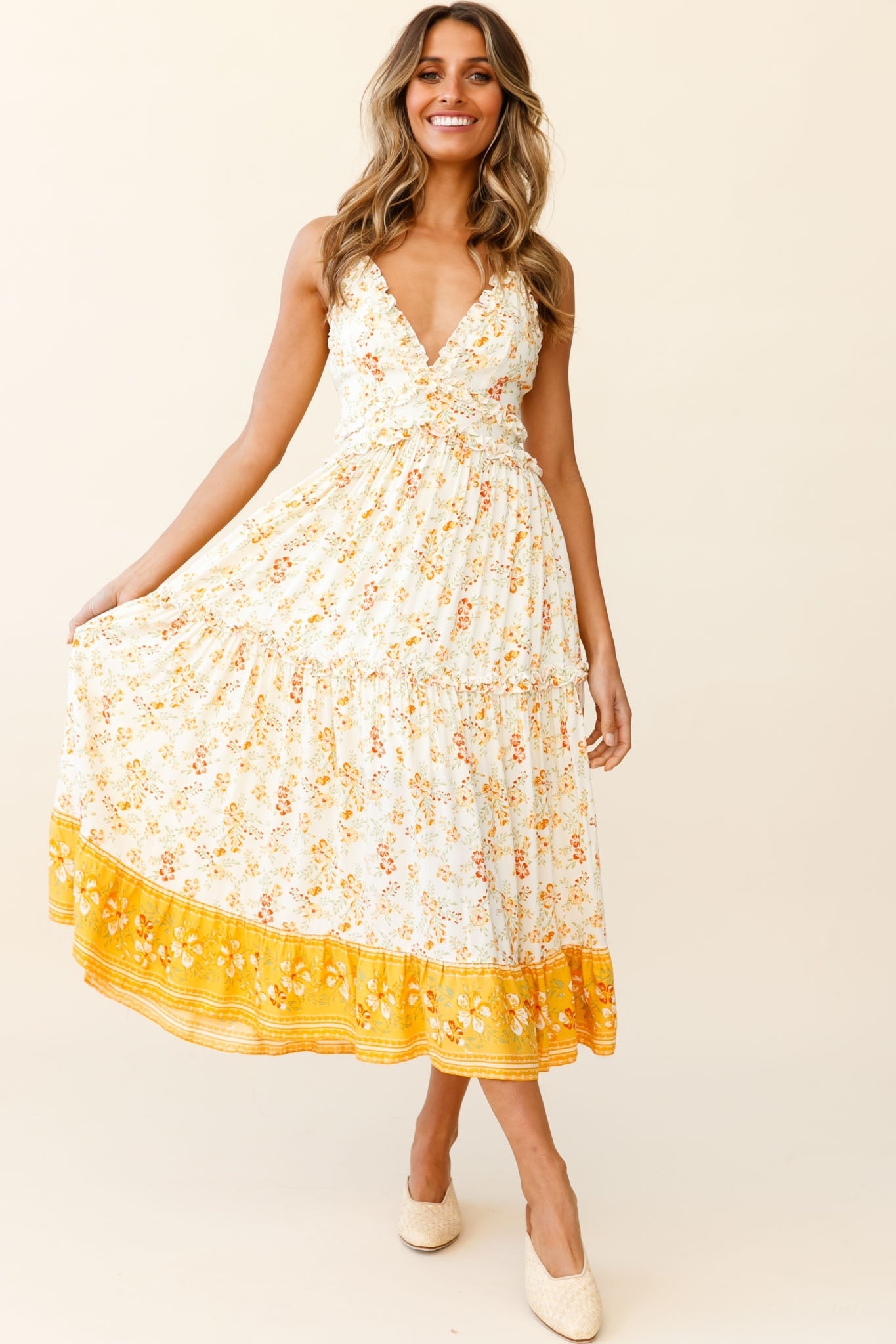 Laney Low Back Cami Strap Midi Dress Hibiscus Print Mustard by Selfie Leslie
