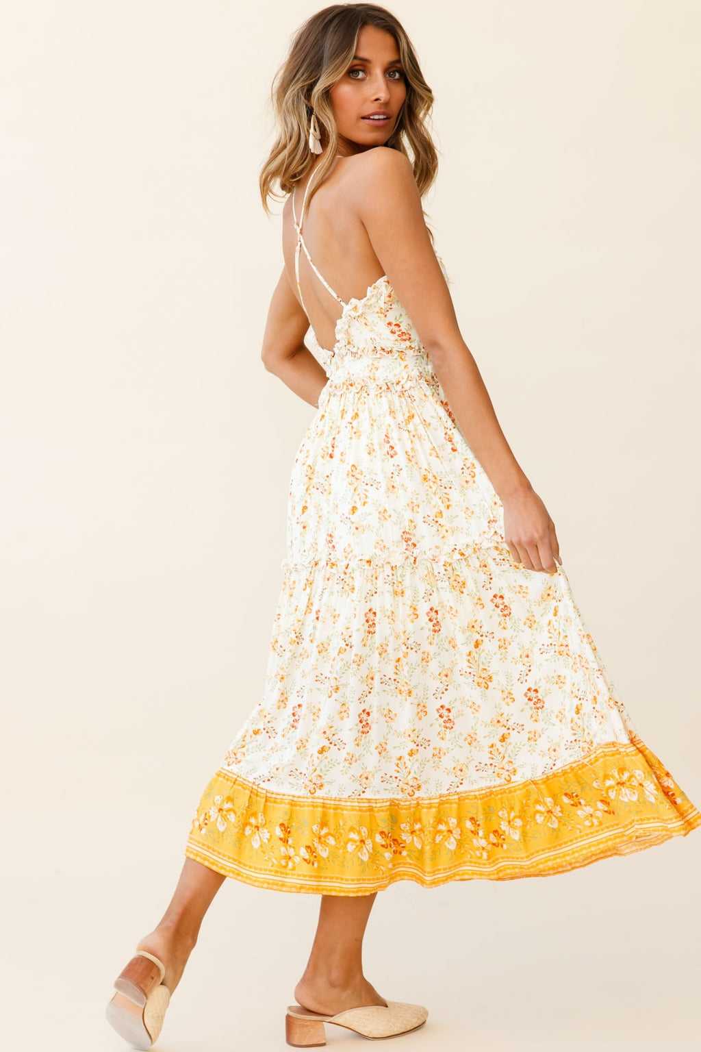 Laney Low Back Cami Strap Midi Dress Hibiscus Print Mustard by Selfie Leslie