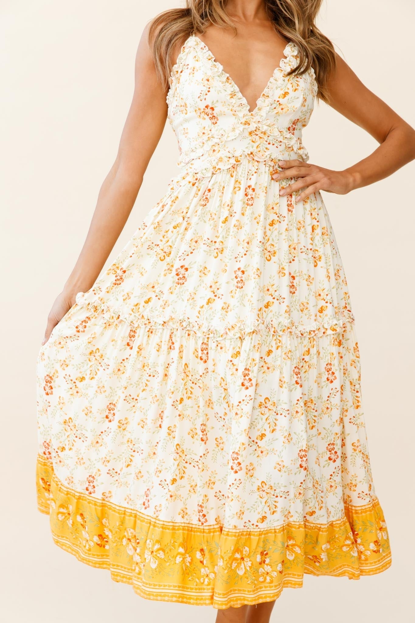 Laney Low Back Cami Strap Midi Dress Hibiscus Print Mustard by Selfie Leslie