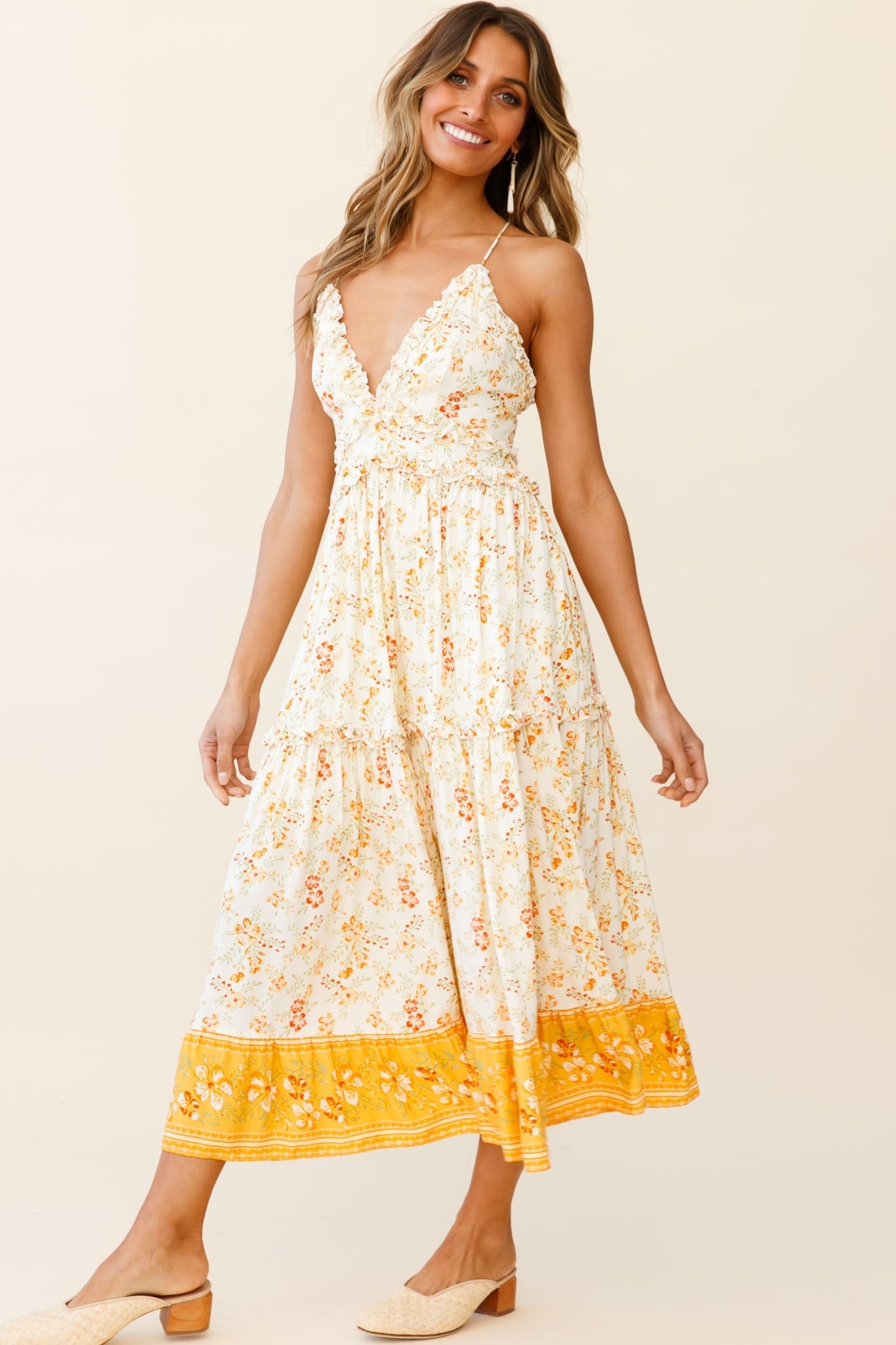 Laney Low Back Cami Strap Midi Dress Hibiscus Print Mustard by Selfie Leslie