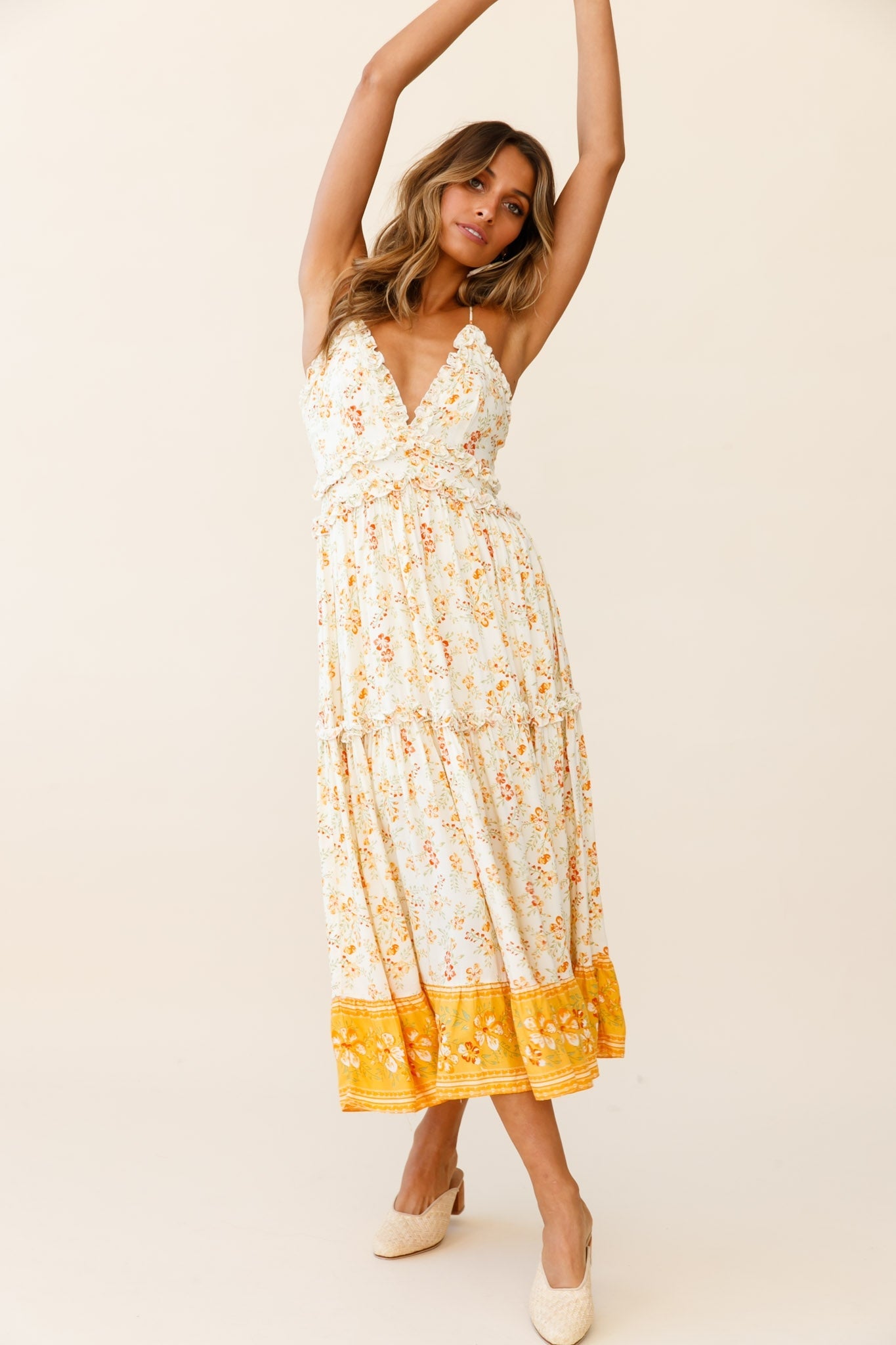 Laney Low Back Cami Strap Midi Dress Hibiscus Print Mustard by Selfie Leslie