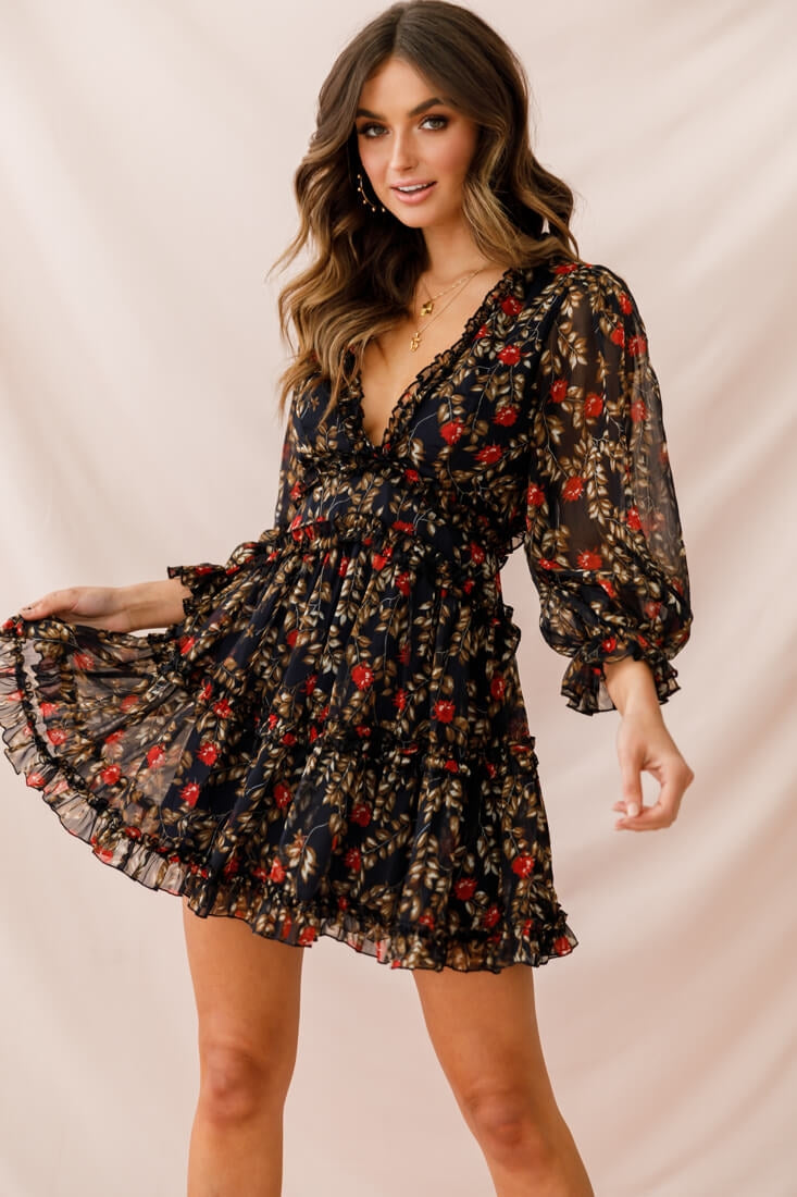 Laney Cutout Back Ruffle Trim Dress Navy by Selfie Leslie