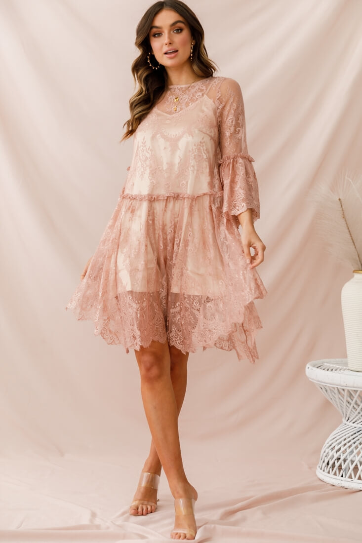 Birdie Lace Overlay Swing Dress Nude by Selfie Leslie