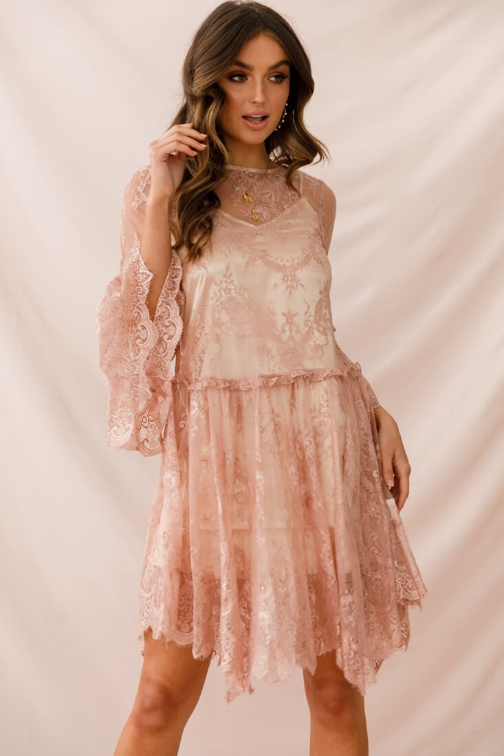 Birdie Lace Overlay Swing Dress Nude by Selfie Leslie