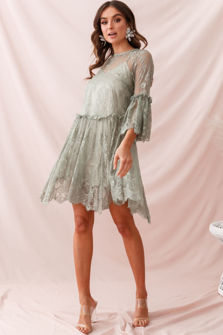 Birdie Lace Overlay Swing Dress Pistachio by Selfie Leslie