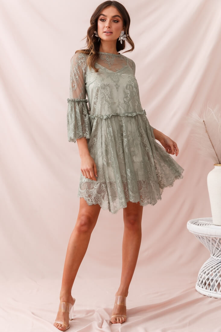Birdie Lace Overlay Swing Dress Pistachio by Selfie Leslie
