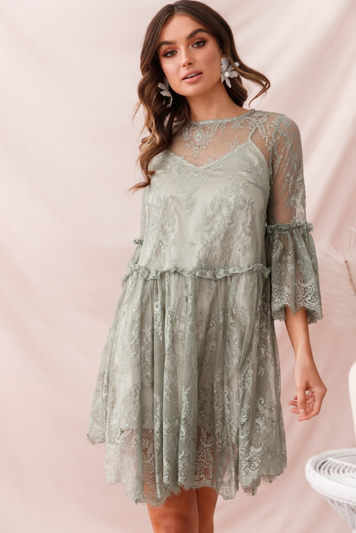 Birdie Lace Overlay Swing Dress Pistachio by Selfie Leslie