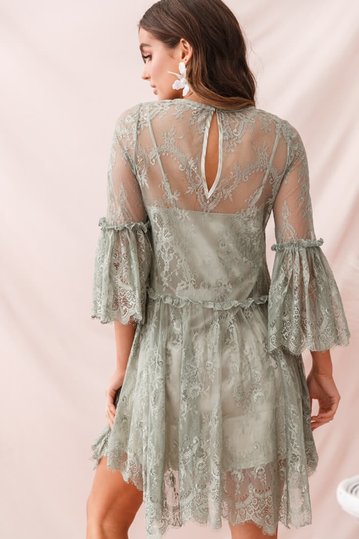 Birdie Lace Overlay Swing Dress Pistachio by Selfie Leslie