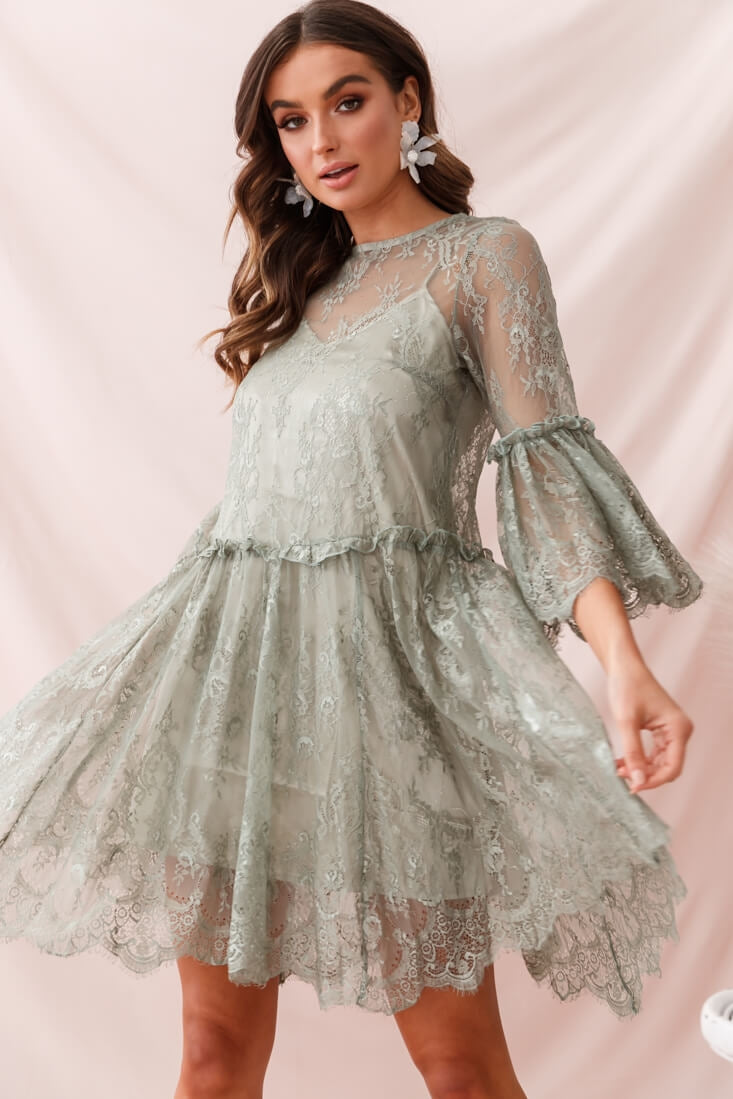 Birdie Lace Overlay Swing Dress Pistachio by Selfie Leslie