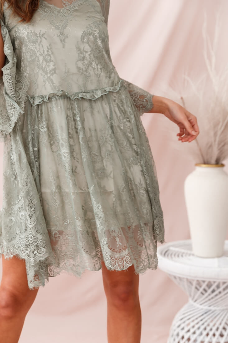 Birdie Lace Overlay Swing Dress Pistachio by Selfie Leslie