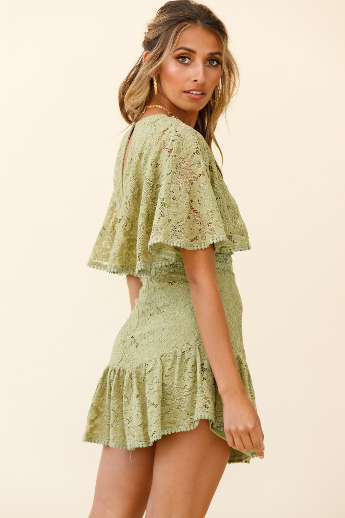 Geneva Cape Sleeve Lace Dress Khaki by Selfie Leslie