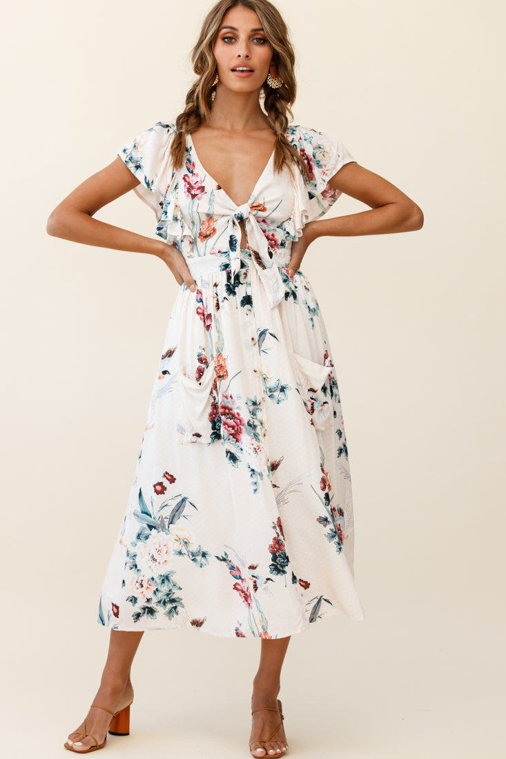 Amelie Tied Bust Pocket Midi Dress Floral Print Beige by Selfie Leslie