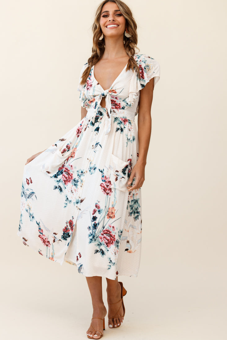 Amelie Tied Bust Pocket Midi Dress Floral Print Beige by Selfie Leslie