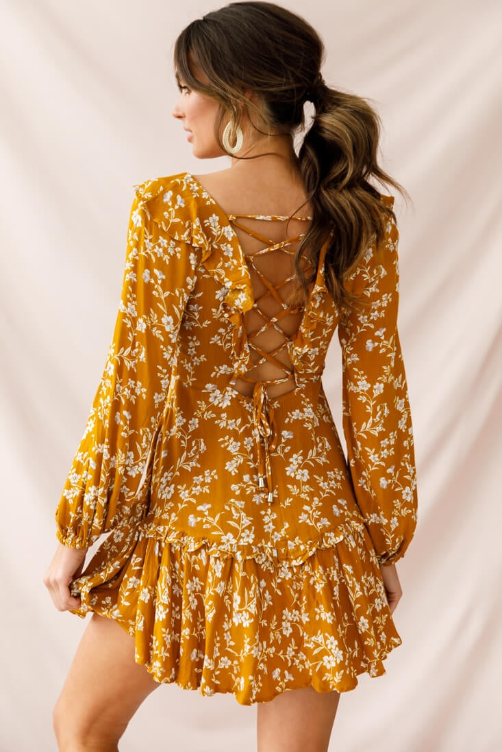 Brentwood Lace Up Babydoll Dress Mustard by Selfie Leslie