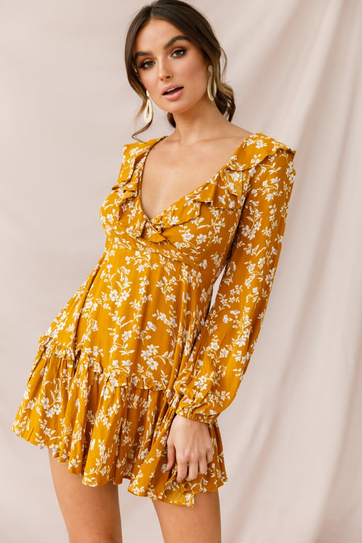 Brentwood Lace Up Babydoll Dress Mustard by Selfie Leslie