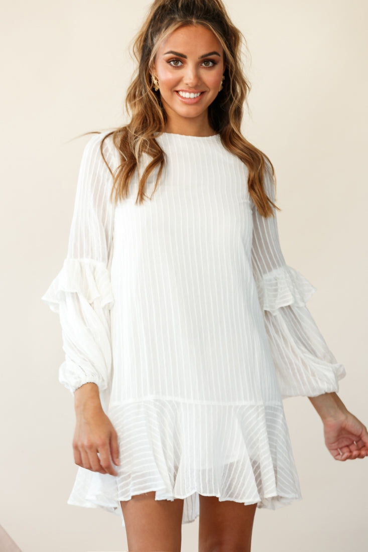 Cate Crew Neckline Balloon Sleeve Frill Dress White by Selfie Leslie