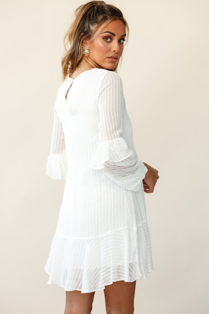 Cate Crew Neckline Balloon Sleeve Frill Dress White by Selfie Leslie