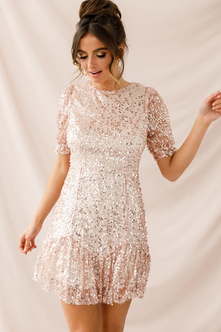 Shine On Sequin Overlay Puff Sleeve Dress Gold by Selfie Leslie