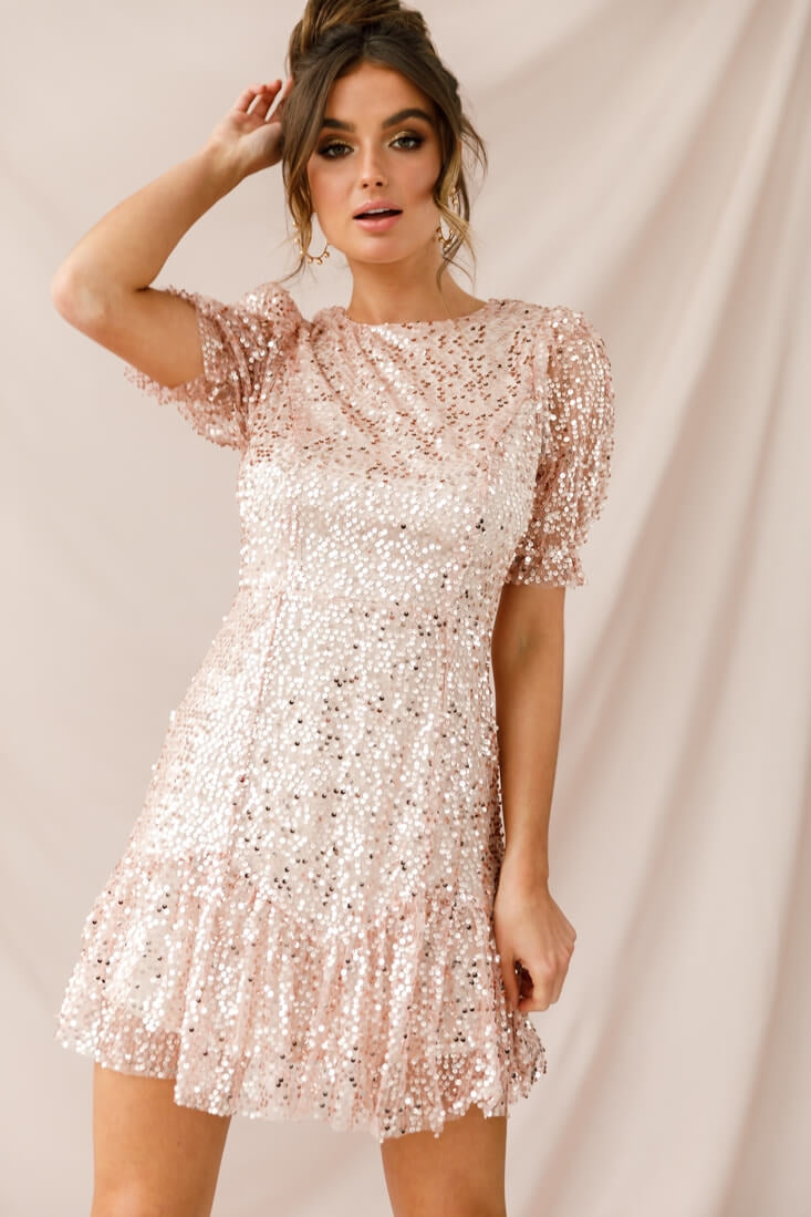 Shine On Sequin Overlay Puff Sleeve Dress Gold by Selfie Leslie