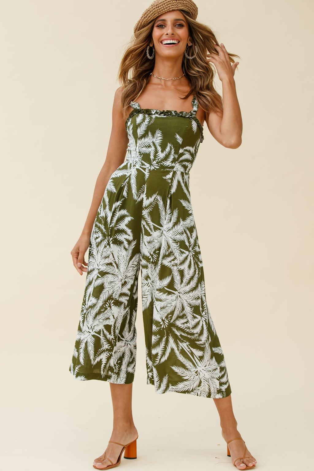 Magdalene Frill Strap Midi Jumpsuit Palm Print Olive by Selfie Leslie
