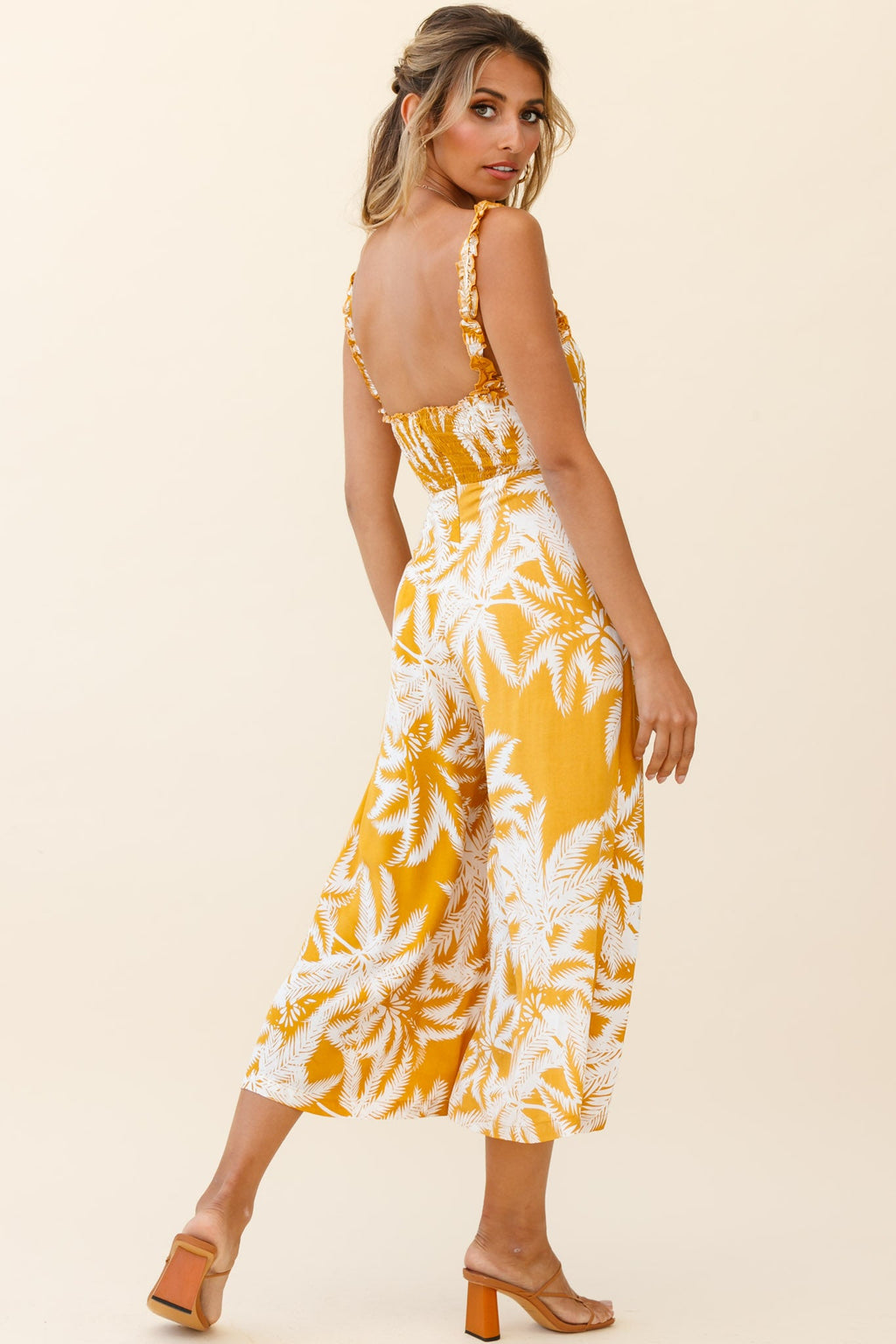 Magdalene Frill Strap Midi Jumpsuit Palm Print Yellow by Selfie Leslie