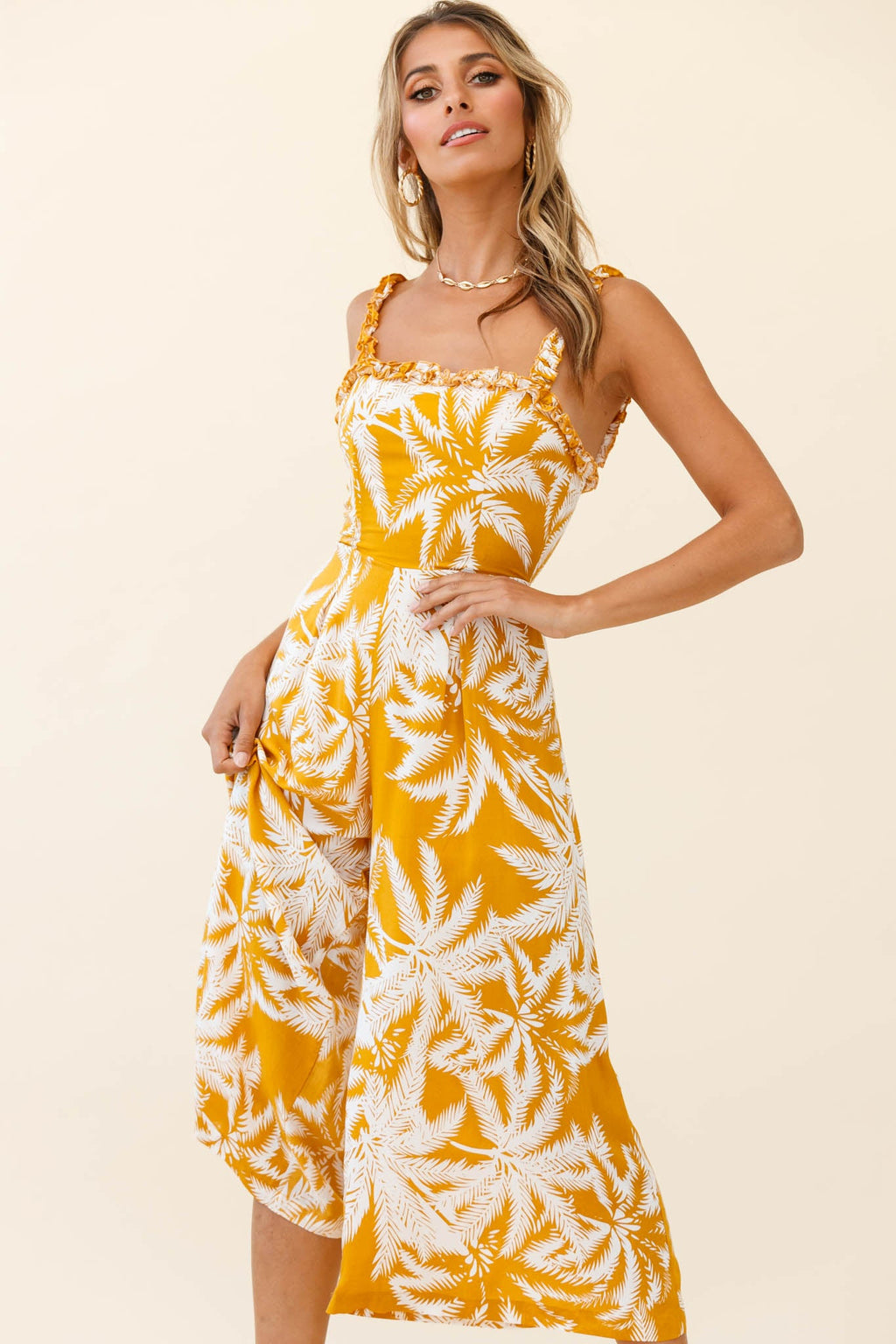 Magdalene Frill Strap Midi Jumpsuit Palm Print Yellow by Selfie Leslie