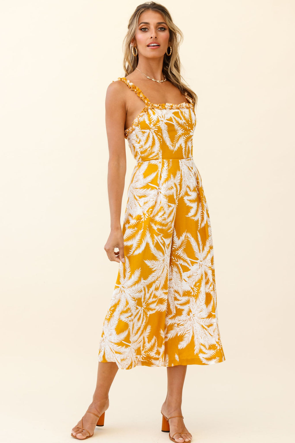 Magdalene Frill Strap Midi Jumpsuit Palm Print Yellow by Selfie Leslie