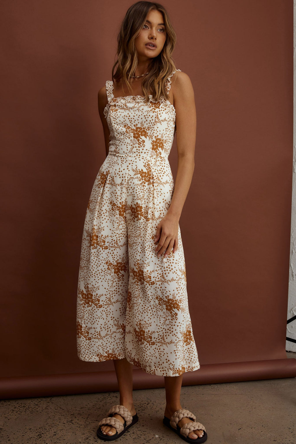 Magdalene Frill Strap Midi Jumpsuit Vintage Floral Tan by Selfie Leslie