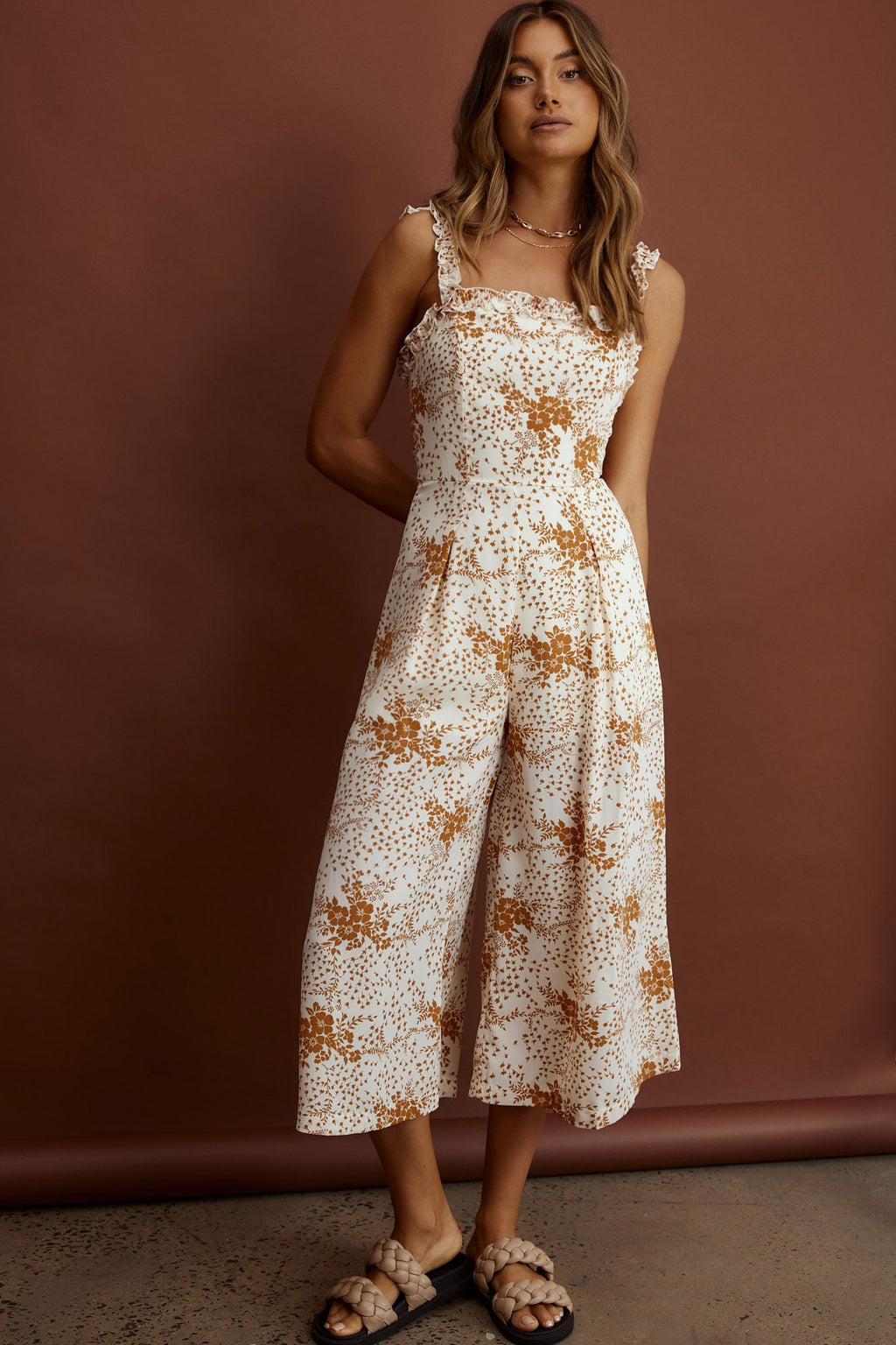 Magdalene Frill Strap Midi Jumpsuit Vintage Floral Tan by Selfie Leslie