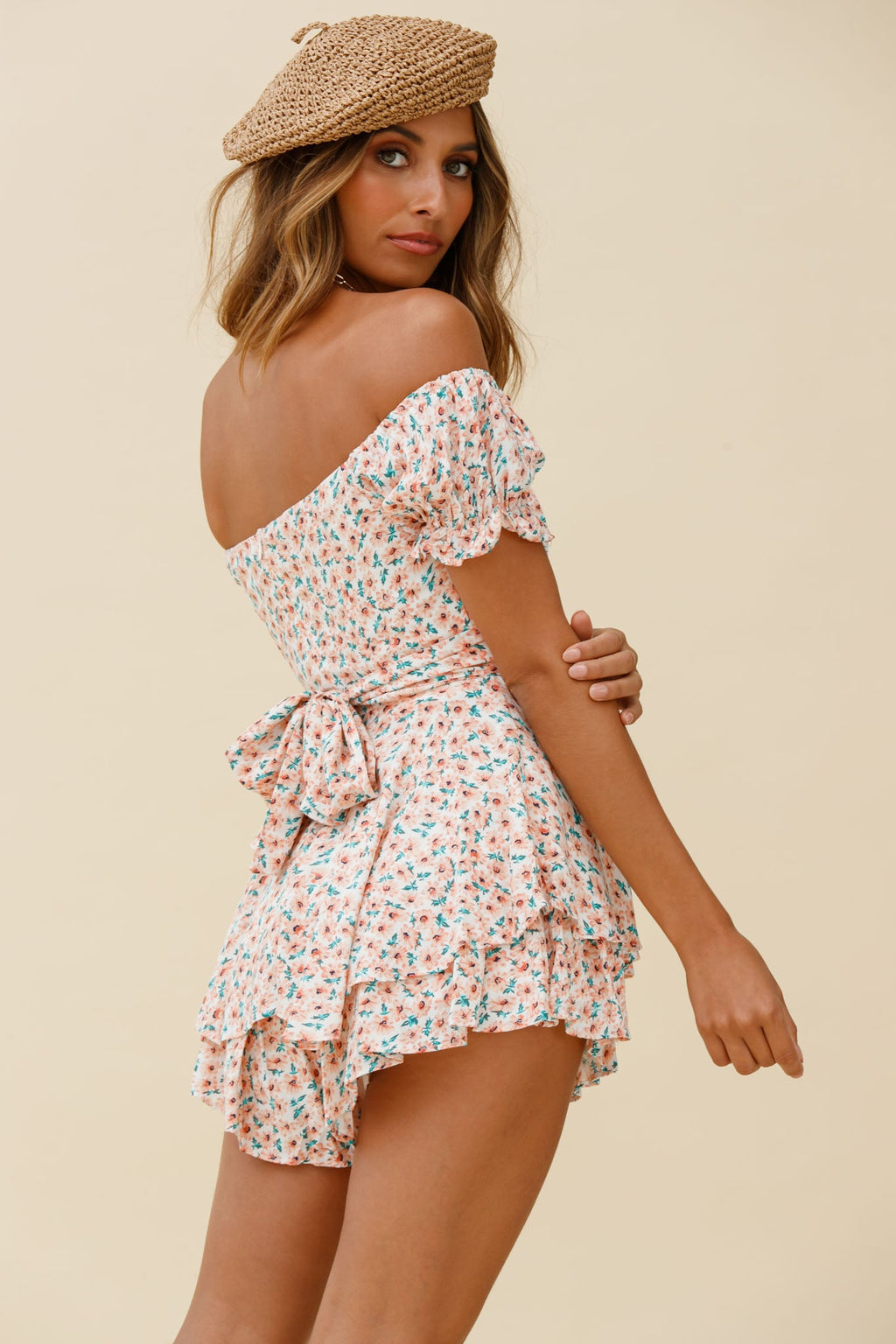 Linka Off-Shoulder Tie Back Romper Flower Print Pink by Selfie Leslie