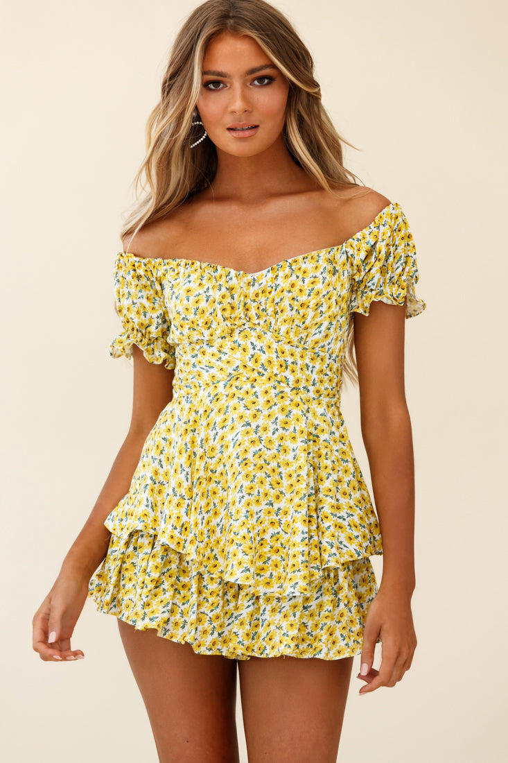 Linka Off-Shoulder Tie Back Romper Sunflower Print Yellow by Selfie Leslie