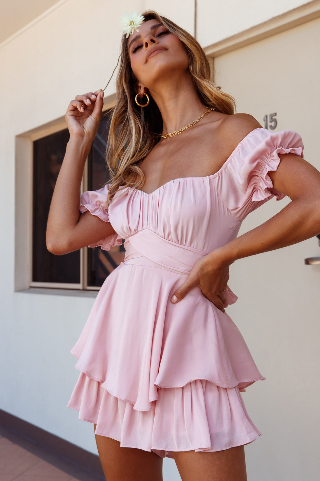 Linka Off-Shoulder Tie Back Romper Blush by Selfie Leslie