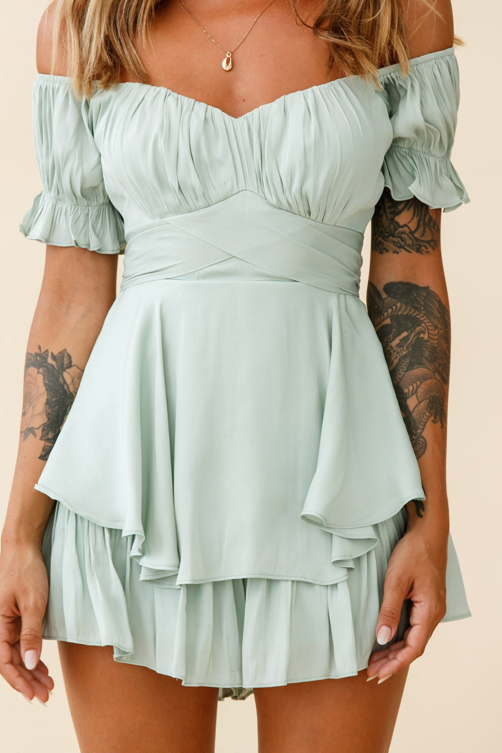 Linka Off-Shoulder Tie Back Romper Pistachio by Selfie Leslie