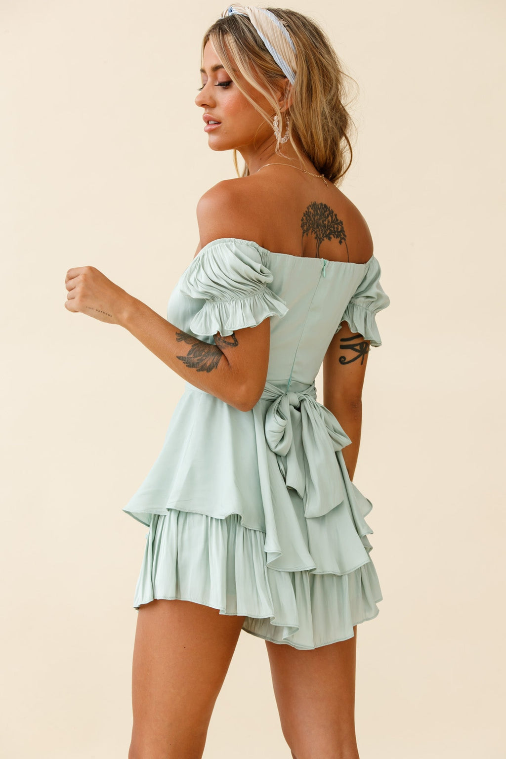 Linka Off-Shoulder Tie Back Romper Pistachio by Selfie Leslie