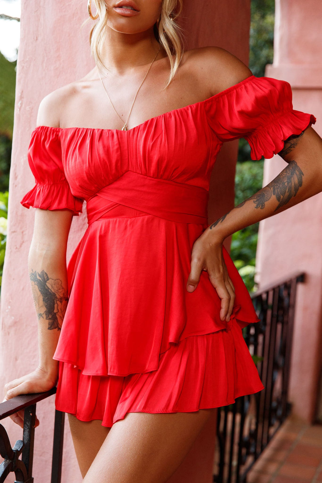 Linka Off-Shoulder Tie Back Romper Red by Selfie Leslie