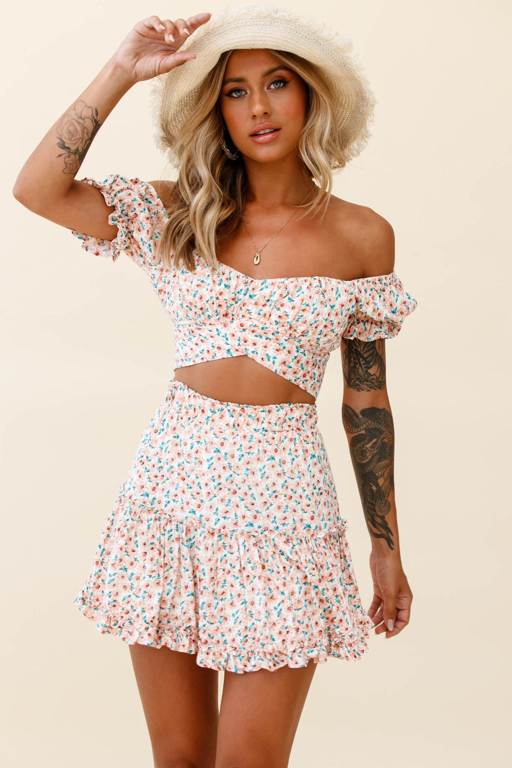 Linka Off-Shoulder Tie-Back Crop Top Floral Print Pink by Selfie Leslie