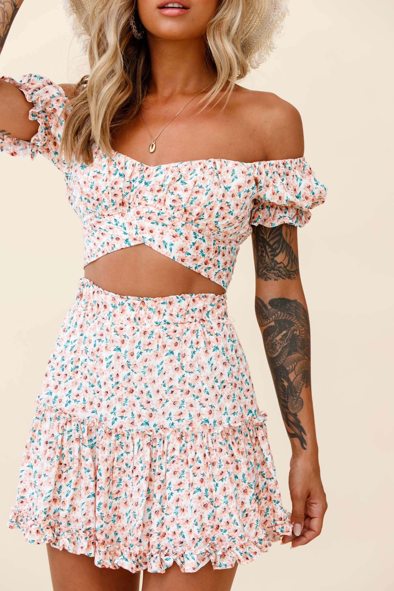 Linka Off-Shoulder Tie-Back Crop Top Floral Print Pink by Selfie Leslie