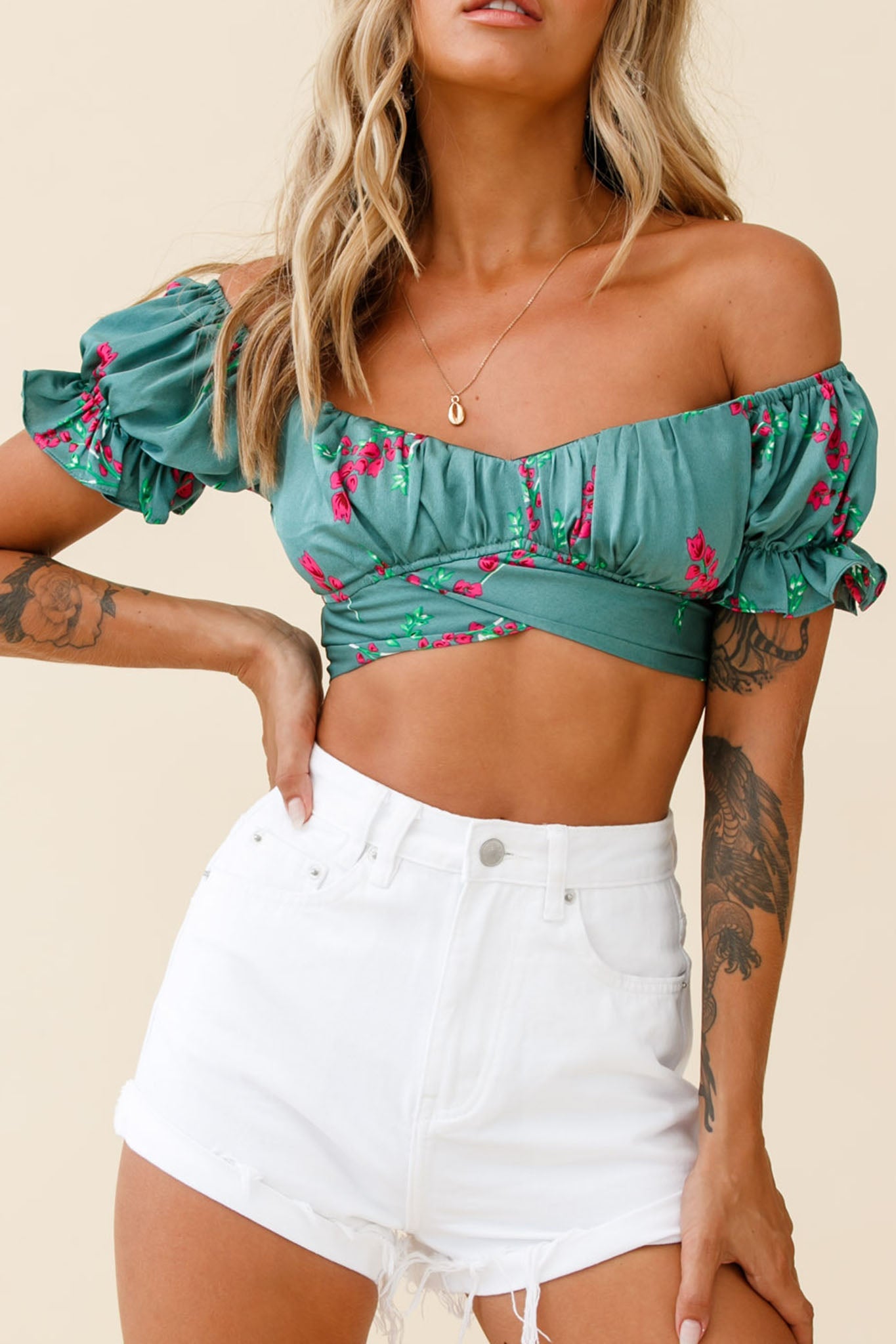 Linka Off-Shoulder Tie-Back Crop Top Pink Floral Print Sage by Selfie Leslie