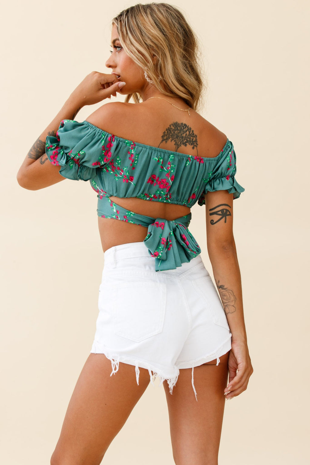 Linka Off-Shoulder Tie-Back Crop Top Pink Floral Print Sage by Selfie Leslie