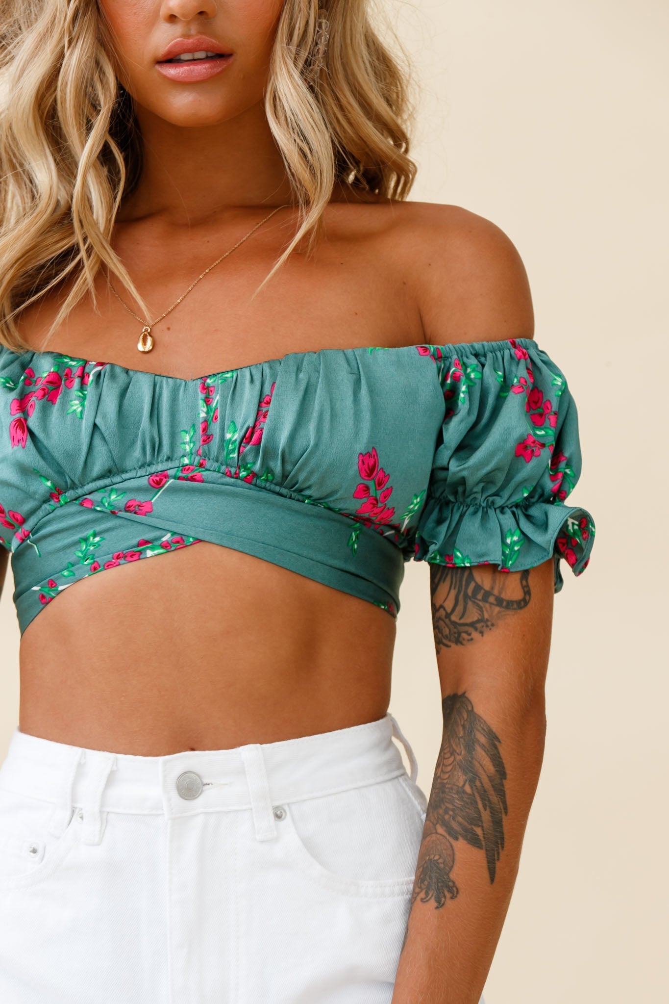Linka Off-Shoulder Tie-Back Crop Top Pink Floral Print Sage by Selfie Leslie