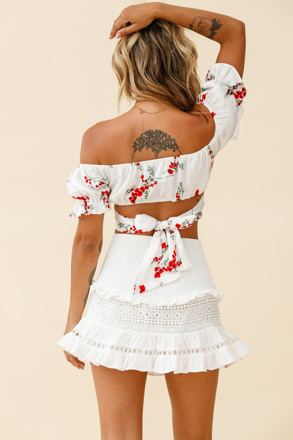 Linka Off-Shoulder Tie-Back Crop Top Red Floral Print White by Selfie Leslie