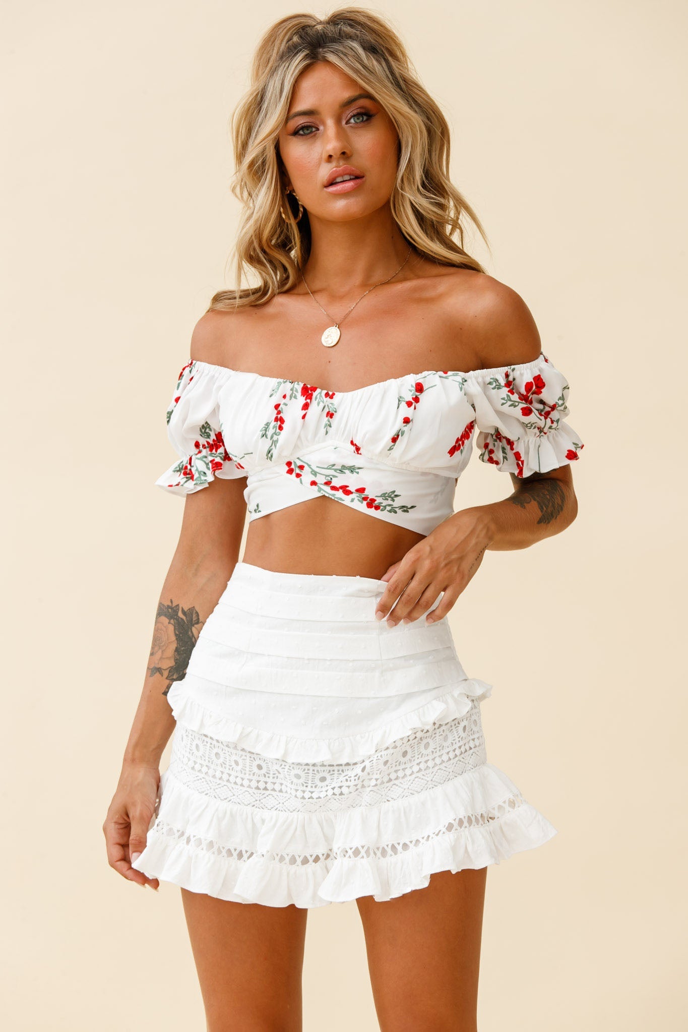 Linka Off-Shoulder Tie-Back Crop Top Red Floral Print White by Selfie Leslie