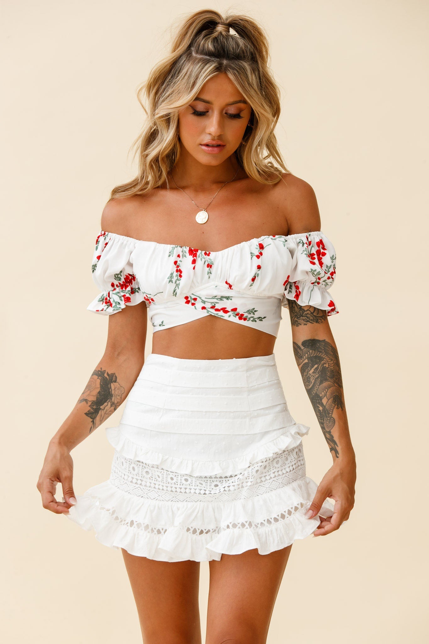 Linka Off-Shoulder Tie-Back Crop Top Red Floral Print White by Selfie Leslie