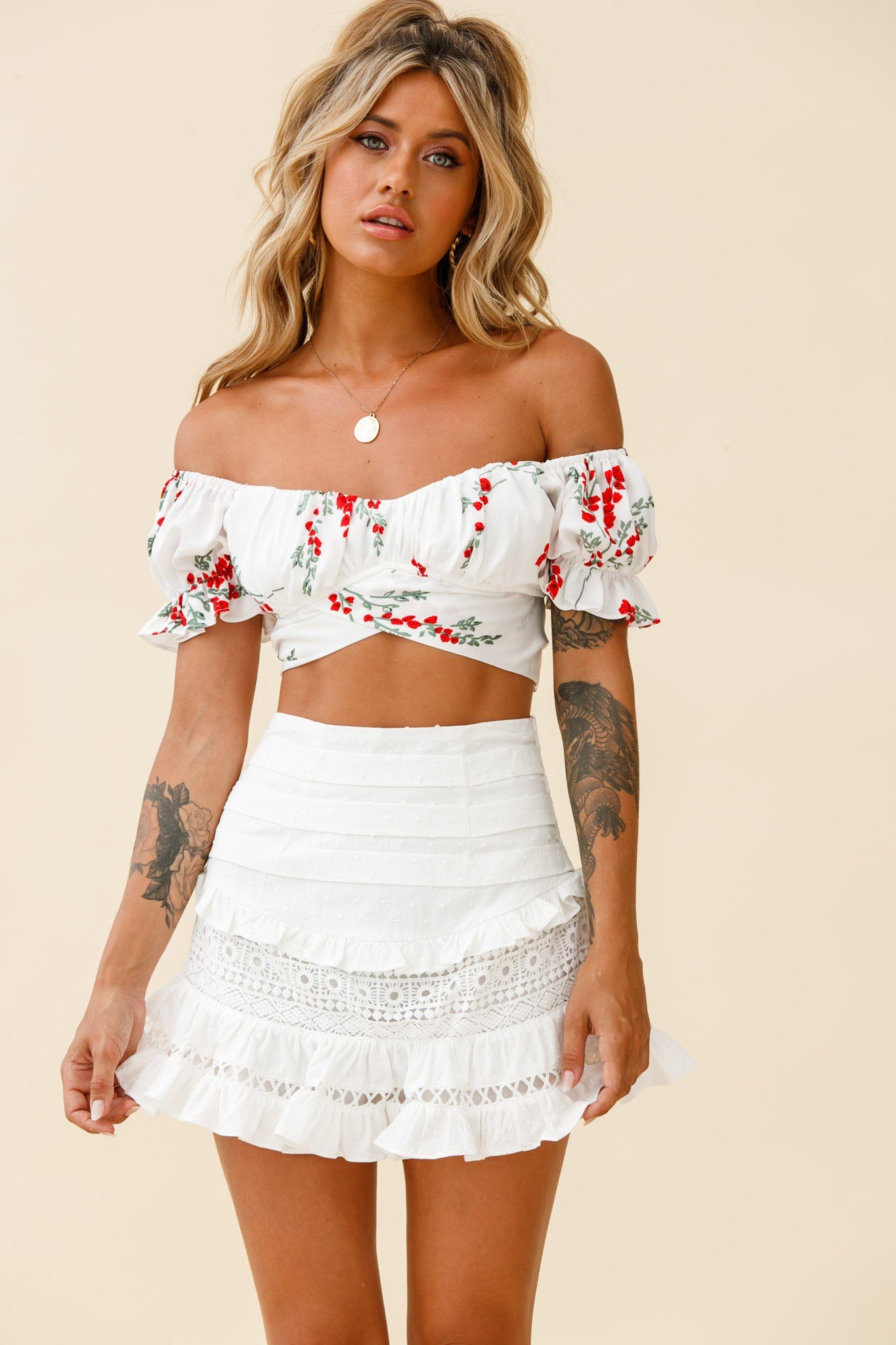 Linka Off-Shoulder Tie-Back Crop Top Red Floral Print White by Selfie Leslie