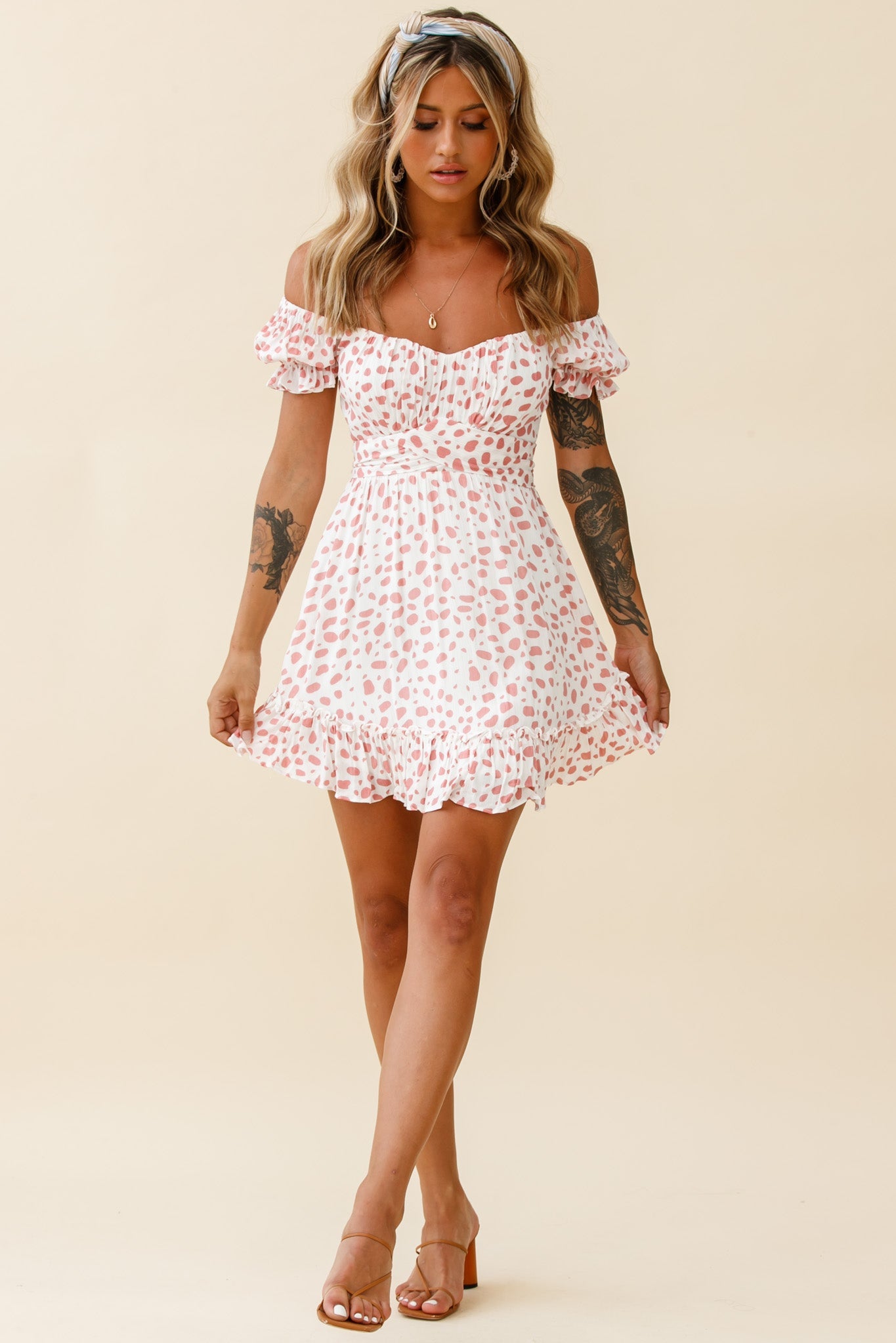 Linka Off-Shoulder Tie Back Dress Spot Print Pink/White by Selfie Leslie