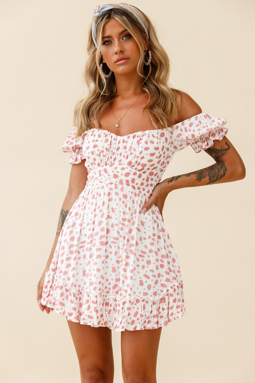 Linka Off-Shoulder Tie Back Dress Spot Print Pink/White by Selfie Leslie