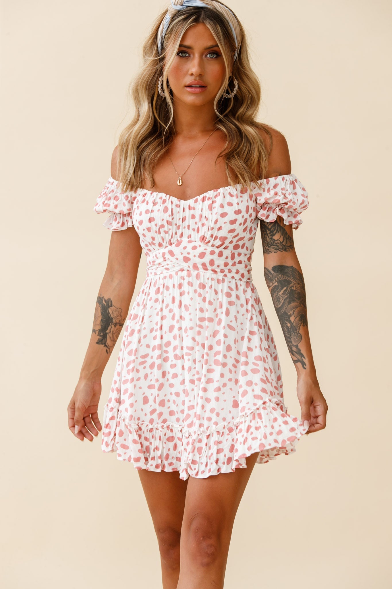 Linka Off-Shoulder Tie Back Dress Spot Print Pink/White by Selfie Leslie